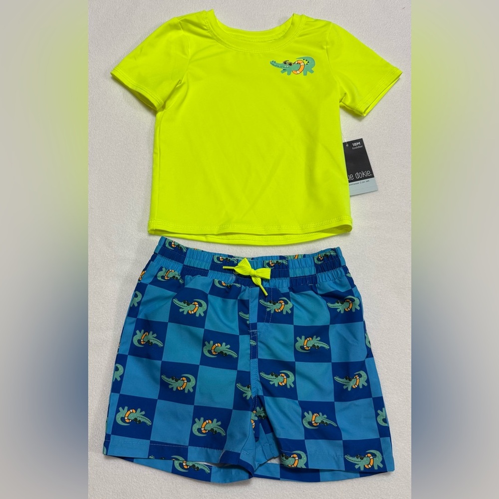 Infant Boy 18M 2 Pc Swim Set Trunks W/Dinosaur Design S/S Rashguard UPF50+ - NWT
